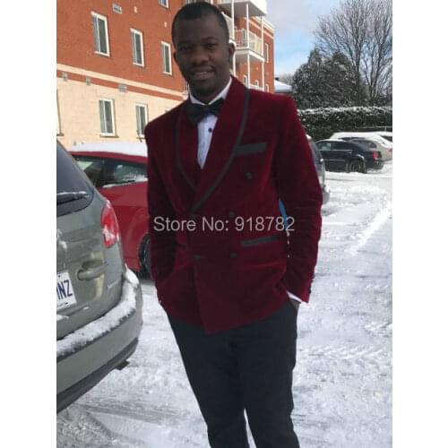 Burgundy Velvet Suit 2018 New Design Double Breasted Suit Slim Fit Wedding Groom Suits For Men Party Prom Tuxedo Costume Homme