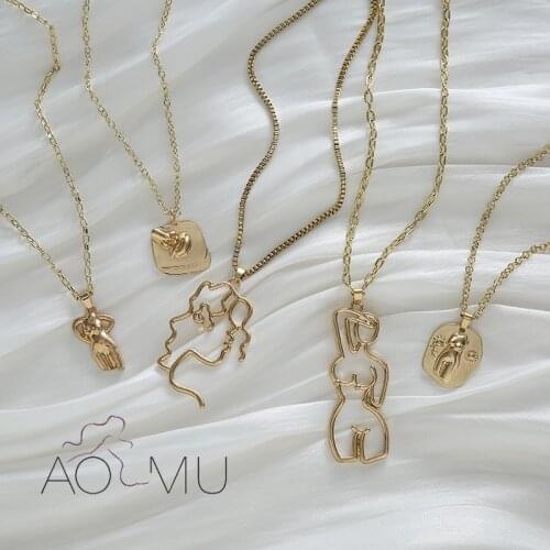 AOMU 2020 New Gold Color Three-Dimensional Animals Statue Pendant Metal Irregular Hollow Abstract Portrait Necklace for Women
