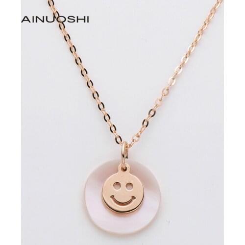 AINUOSHI 18K Rose Gold 1.74ct Real Pink Mother-Of-Pearl Smiley Pendant Necklace Personalized For Womens Charm Jewelry 18