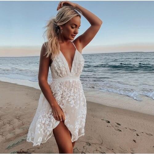Boho Beach Summer Women Lace Mini Dress Elegant Sleeveless Off Shoulder Floral Sundress V Neck High waist Ladies Dresses