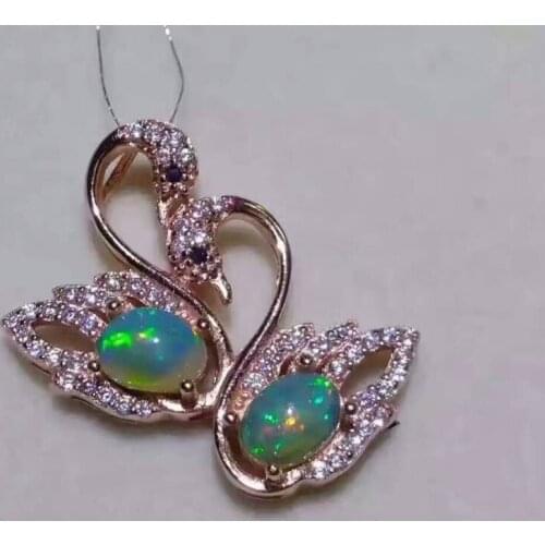 Natural opal gem pendant S925 silver Natural gemstone Pendant Necklace trendy romantic Double Swan women girl gift jewelry