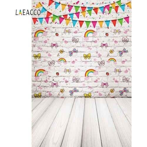 Laeacco Wooden Floors Brick Wall Flags Sticker Bow Photography Background Vinyl Customize Photographic Backdrop For Photo Studio