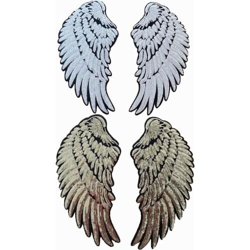 WUYUCONG 2020 New Gold/Silver Wings Sequined Patches Iron on Sequins Feather Embroidery Appliques X-large Wings Patch 1 Set