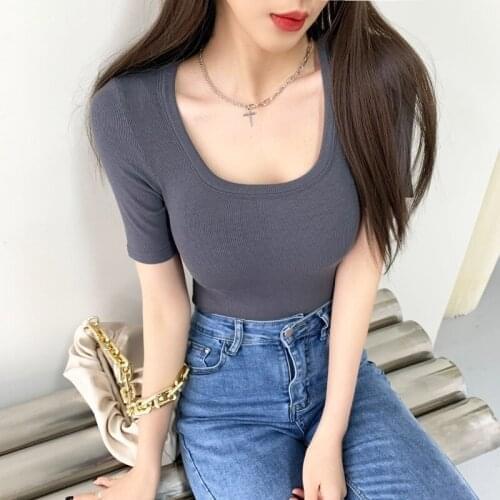 Summer Europe New Short Sleeve T-Shirt Tight O-Neck Womens T-Shirt