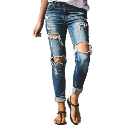 Women Mid Waist Jeans Sexy Hollow Out Ripped Hole Tassel Denim Blue Pants Woman Casual Skinny Distressed Jeans Pantalones Mujer