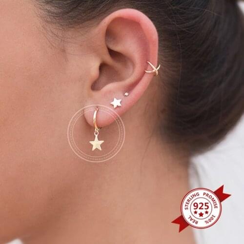 Prevent Allergy 925 Sterling Silver Hoop Earrings For Women Men Gold Color Glossy Star Pendant Loops Earrings With Charm Jewelry