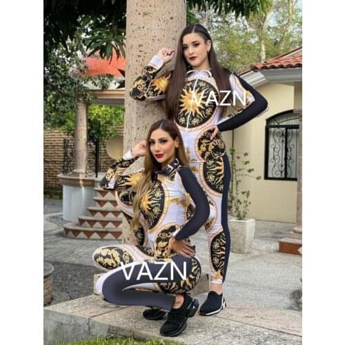VAZN Top Quality High Design 2018 Casual 2 piece Set Women Print One Shoulder Strapless Long Loose Pants SQ6002