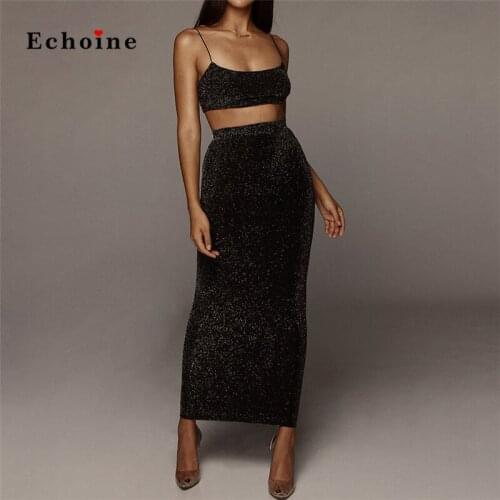 Two Piece Set Women Suit Tracksuit Sexy Spaghetti Strap Backless Vest Crop Tops Casual Long Skirts Streetwear Charm Lady Clothes