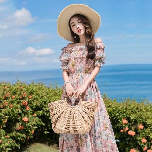 Womens 2020 Vestidos Summer Printed Pleated Wavy Long Dress Women With Five-Point Sleeves Beach Chiffon Dresses Female Z949