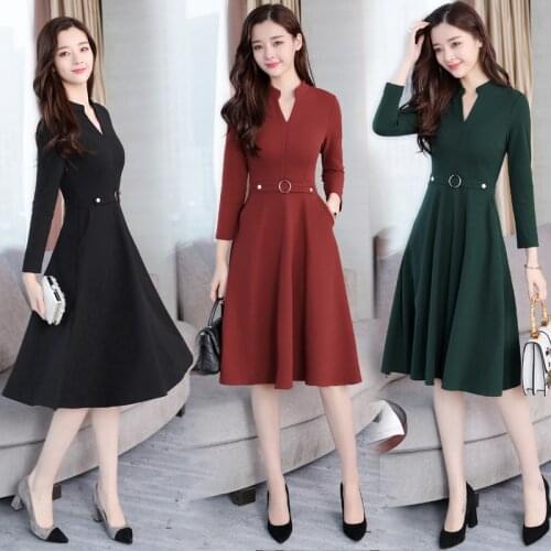 Stinlicher 2021 Autumn Winter Dress Women Elegant V-Neck Long Sleeve Black Red Midi Dress Cotton Warm Ladies Work Dress