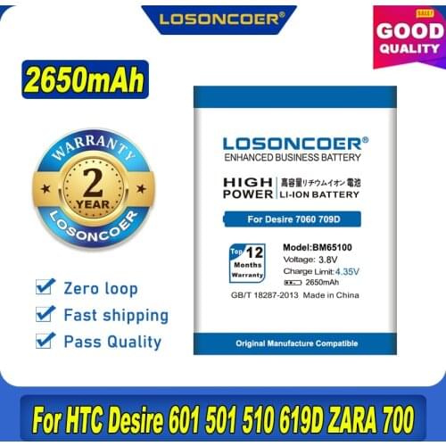 100% Original LOSONCOER NEW 2650mAh BM65100 Battery For HTC Desire 601 501 510 619D ZARA 700 7060 6160 7088 E1 603e Batteries