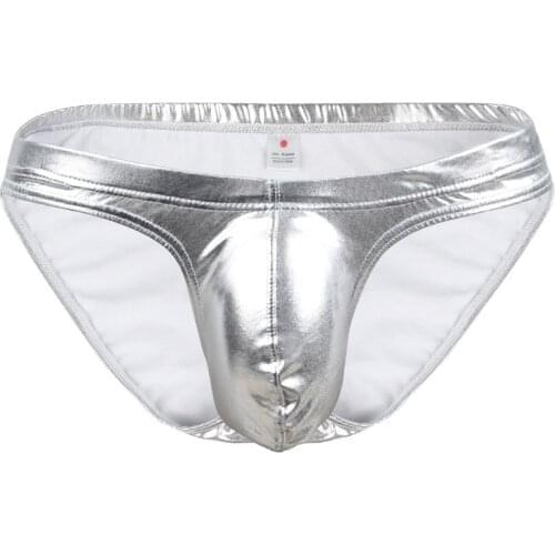 2019 Brand Pinky Senson Mens Faux Leather Underwear Sexy Bright Briefs Underpants Bulge Pouch Club Panties Gold Silver Shorts