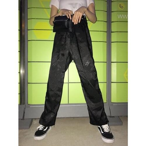 Chinese style dragon embroidery pants women elastic waist straight trousers spring and autumn casual womens trousers