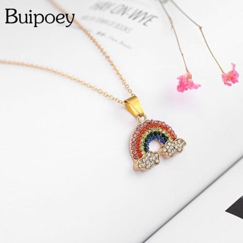Buipoey Golden Rhinestone Rainbow Pendant Necklaces For Women Girl Original Wedding Engagement Charm Wife Necklace Collar Gift