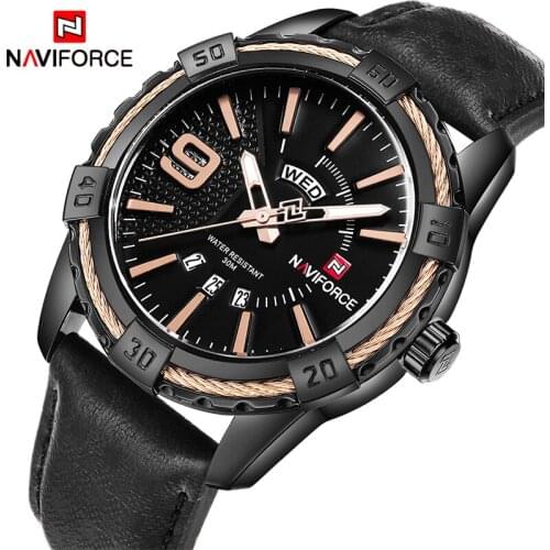 NAVIFORCE Mens Watches Black Fashion Business Sport Leather Strap Water Resistant Date Display Alarm Luxury Class Male Watch