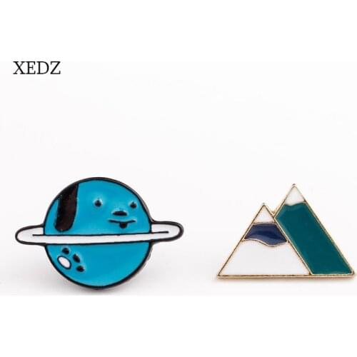 XEDZ Cartoon Blue Planet Green Mountain Peak Enamel Brooch Fashion Cute Landscape Planet Mountain River Badge Jewelry Gift