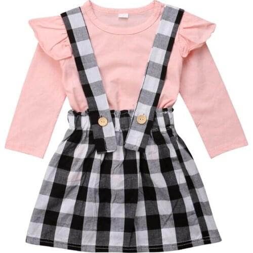 Newborn Kids Baby Girls Cotton Tops Long Sleeves T-shirt Plaid Suspender Dress Outfits Clothes Casual