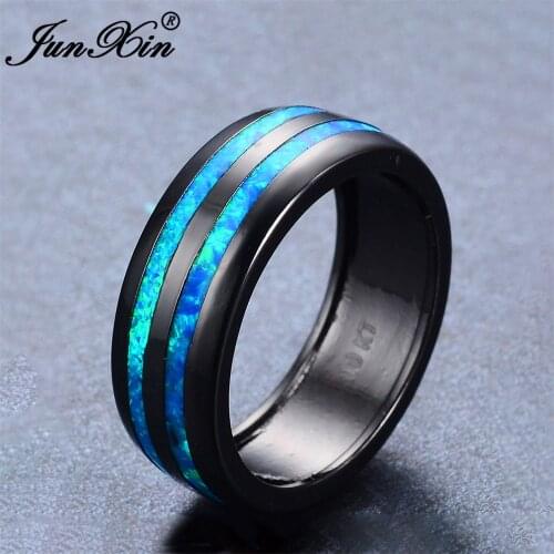 JUNXIN Vintage Male Female Ring Blue Fire Opal Ring Retro Black Gold Filled Jewelry Wedding Rings For Men And Women