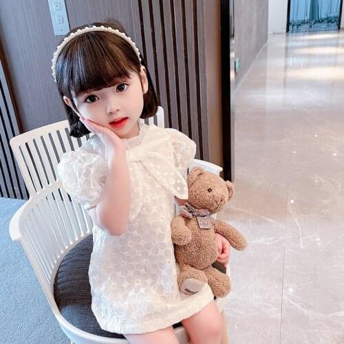 LISUNNY Girls Dresses 2021 Summer Children Lace Princess Dress Hollow Out Bowknot White Birthday party Dress Kids Clothes