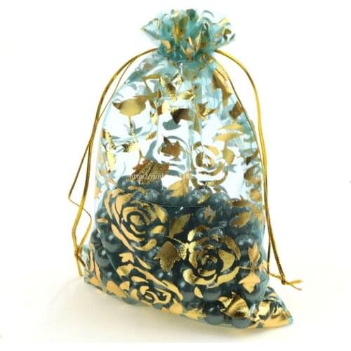 50pcs 7x9 9x12 11x16 13x18 15x20 20x30CM Organza Bag Gilding Roses Jewelry Bags Wedding Party Decor Drawable Gift Pouches 5Z