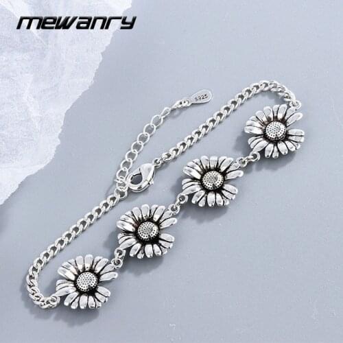 Mewanry 925 Sterling Silver Small Daisy Sunflower Vintage Bracelet Fashion Elegant Party Bride Jewelry Birthday Gifts for Women