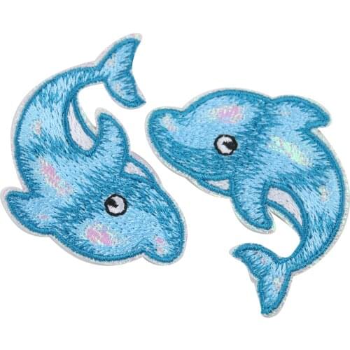 Ocean Theme Lovely Blue Dolphin Embroidered Iron On Animal Patches For Clothing Diy T-shirt Applique Stickers Stripes On Clothes