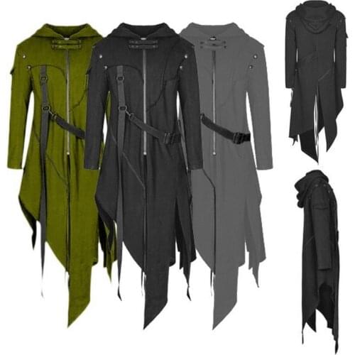 Men Black Medieval Retro Trench Coat Cosplay Halloween Punk Steam Game Performance Prop Costume Autumn Winter Hooded Jacket
