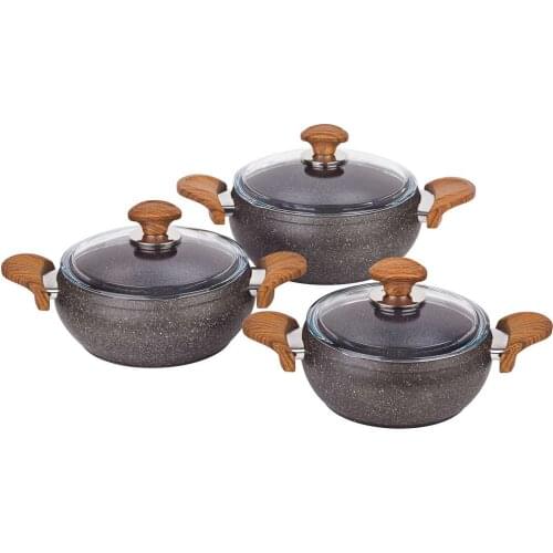 Cookware Set 3 piece Granite Stew Pot Grey Wooden Handle Made in Turkey
