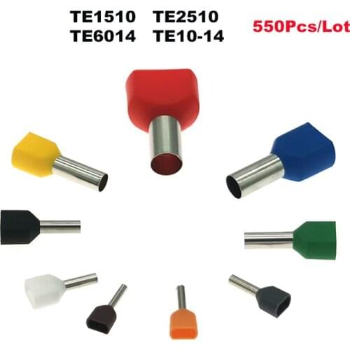 550pcs Dual Wire Tube Ferrule Insulated Crimp Terminals TE0508~TE16-14 Electric Double Wire Terminales Connector Cable 22-8AWG