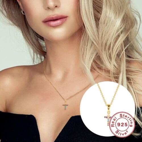 Aide 925 Silver Cross Necklace +Earring Micro Inlaid Colored Zircon Clavicle Chain Necklace For Women Charm collares para mujer