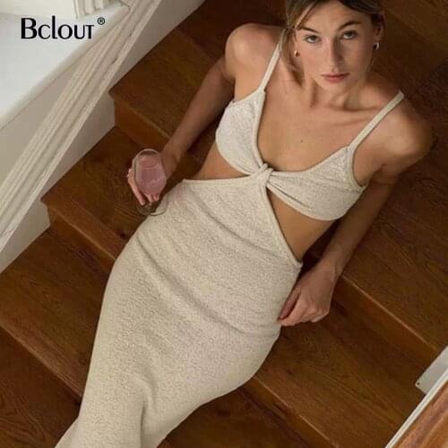 Bclout Sexy Hollow Out Long Pencil Dress 2021 Spring Spaghetti Strap Backless High Waist Dresses Evening Chic Bodycon Robe