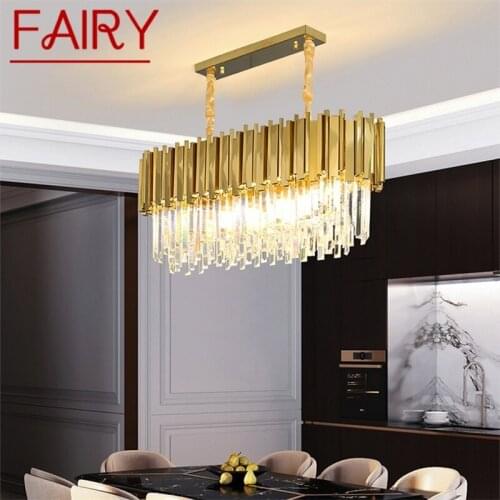 FAIRY Gold Chandelier Crystal Rectangle Pendant Lamp Postmodern LED Light Fixture for Home Living Dining Room