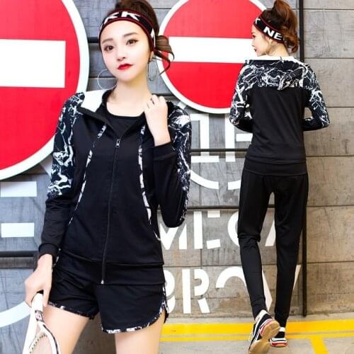 Gym Sports Suit Womens Size Printed Five-Piece Quick-Drying Yoga Clothes Outdoor Morning Running Loose Fitness Cloth Girls Set