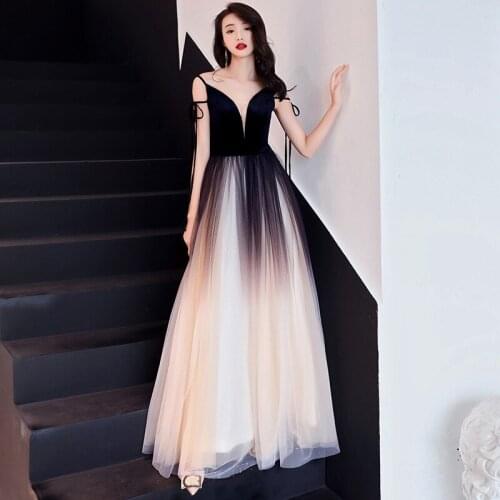 Gradient Sexy V-neck Evening-dress Vintage Yarn Formal Elegant Noble Banquet Host Prom-dress Party Sling Charming Beautiful