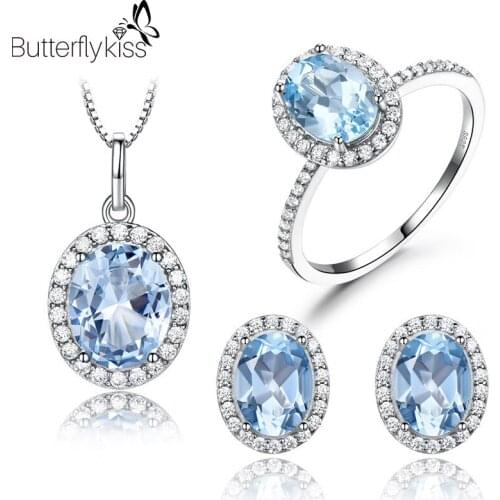 BK Real 925 Sterling Silver Sky Blue Topaz Gemstone Three PCS Jewelry Set Fashion Trendy Ring Necklace Earrings Wedding Jewelry