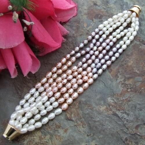 YYGEM 8'' 7 Cultured White Pink Purple Color Rice freshwater Pearl Torsade Bracelet