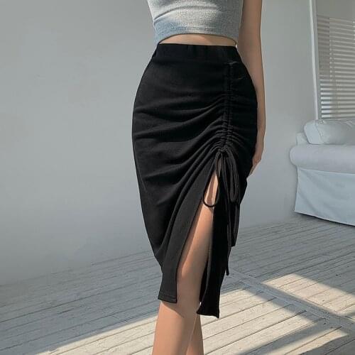 Skirt Women High Waist Slim Knee Length Pencil Skirts Sexy Summer Split Hip Drawstring Pleated Female Skirts