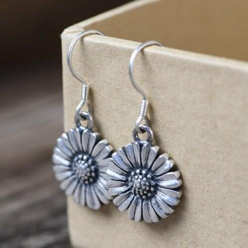 FNJ Sun Flower Earrings 925 Silver 100% Pure Original S925 Silver Sterling Drop Earring for Women Jewelry