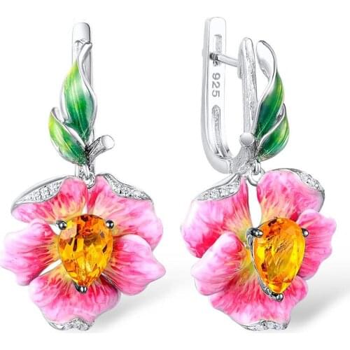 Exquisite 925 Silver Flower Leaf Earrings for Women Bling AAA Zircon Crystal Dangle Drop Earrings Enamel Elegant Women Jewelry
