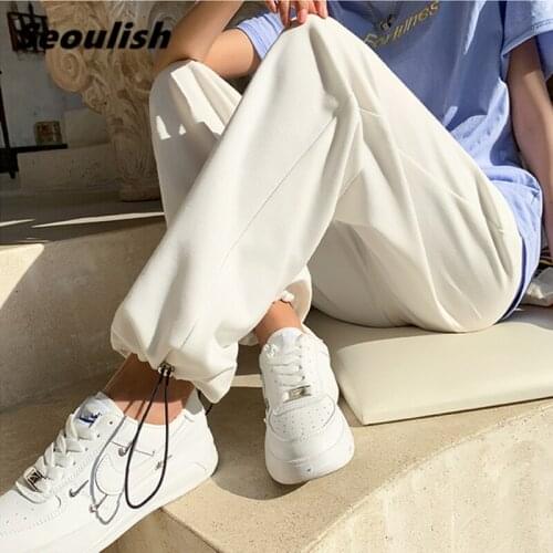 Seoulish New 2021 Spring Summer White Women Lantern Sweetpants Drawing High Waist Casual Loose Joggers Lace Up Female Trouses