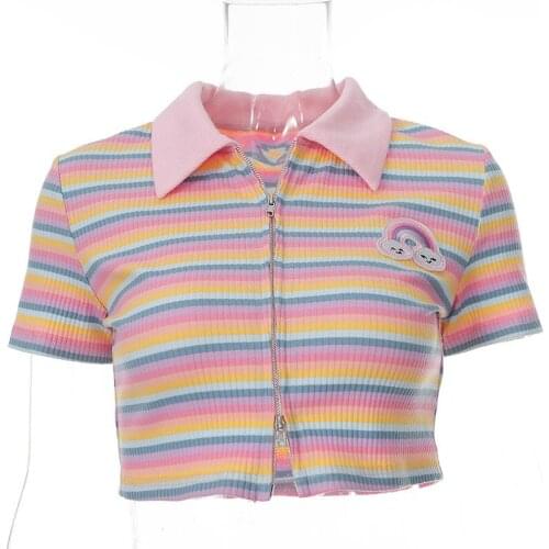 Womens Striped Print Crop Tanks Tops, Short Sleeve Lapel V Neck Zip Up Rib Knit T-ShirtsTops for Girls