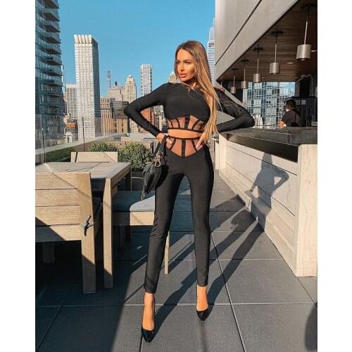 DEIVE TEGER Womens Two Pieces Set Clothing Set Long Sleeve Mesh Black Bodycon Bandage High Street Party Crop Tops Pants Set
