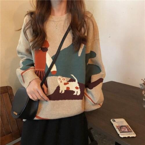 2020 New O-neck Pullovers Sweater Women Casual Loose Jacquard Cartoon Girl Knitted Sweaters All-match Long Sleeve Korean Tops