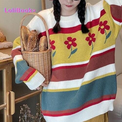 Lolibook New Women Autumn O-neck Floral Print Long Sleeve Sweater Lady Casual Loose Striped Harajuku Knitted Oversized Pullovers
