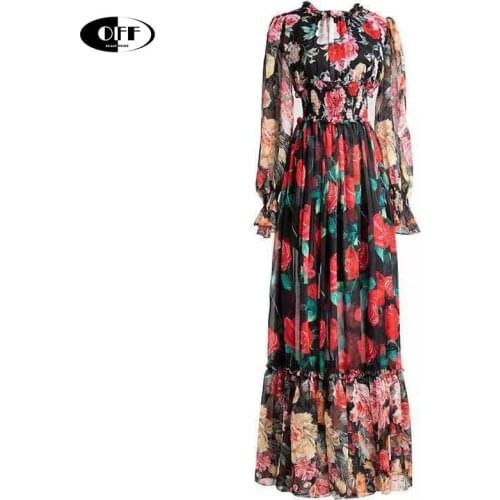 Runway Designers summer Vintage Long Sleeve Waist Elastic floral ruched maxi Dresses For Women Elegant Black Midi Ruffles Dress