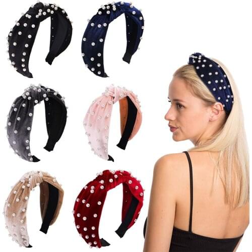 1pc 2020 New Soft Velvet Pearl Hair Bands Women Tie Knot Hair Accessories Head Wear