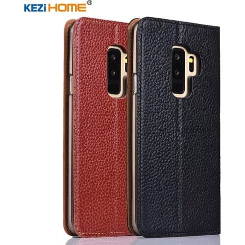 For Samsung Galaxy S9 Plus case KEZiHOME Litchi Genuine Leather Flip Stand Leather Cover capa For Samsung S9 Plus 6.2" cases
