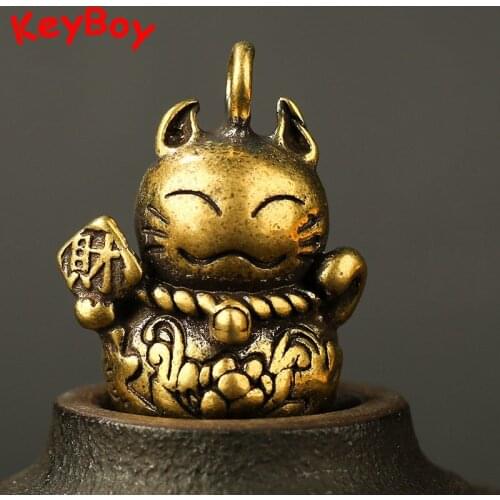 Chinese Feng Shui Lucky Cat Pure Brass Keychain Pendants Handmade Vintage Copper Animal Figurines Bring Wealth Keyrings Jewelry