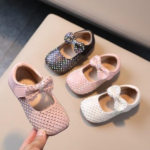 Girls' Leather Shoes 2021 Autumn New Childrens Shoes Rhinestone Bow Princess Shoes Soft Sole Sweet Casual Flats Hot for Wedding