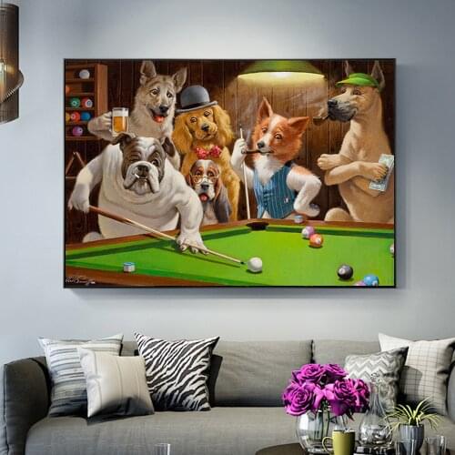 Creative Cartoon Animal Dog Playing Billiard Canvas Painting Poster Print Cuadros Wall Art for Living Room Home Decor (No Frame)